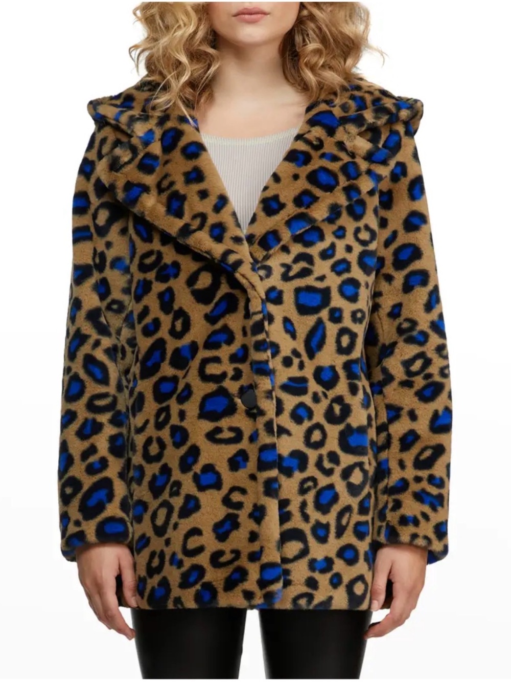 NVLT Women's Blue Leopard Printed Faux Fur Coat Women’s Size L